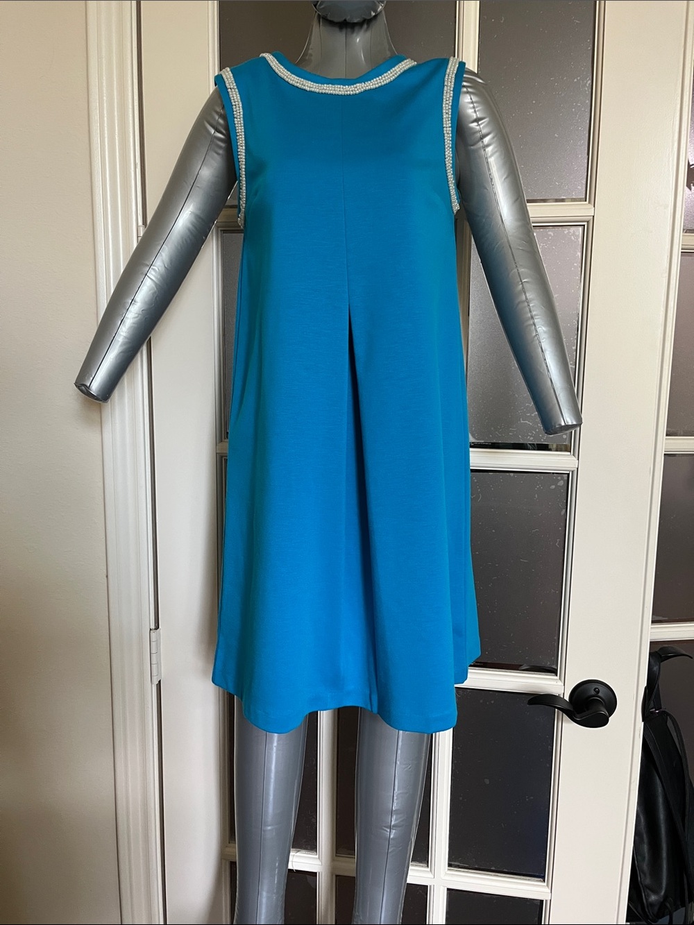 H&M Bright Turquoise Sleeveless Shift Dress with Beaded Trim